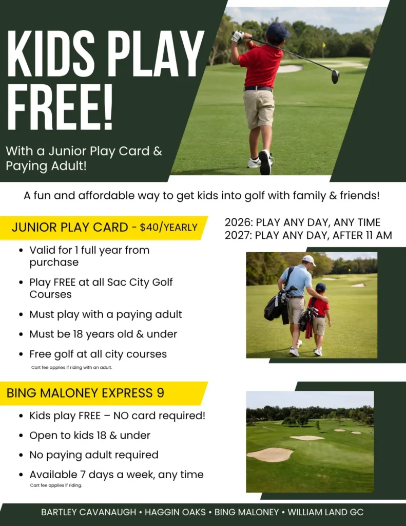 Kids play free golf program at William Land Golf Course Sacramento junior play card promotion