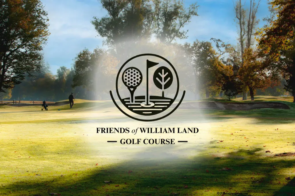 Friends of William Land Golf Course logo over fairway in Sacramento