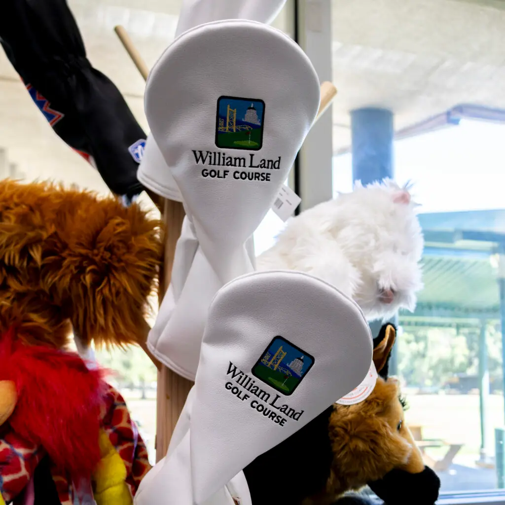 William Land Golf Course logo club headcovers in Sacramento pro shop